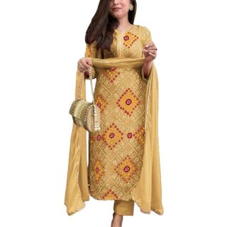 GoSriKi Women's Rayon Viscose Straight Bandhej Printed Kurta with Pant & Dupatta